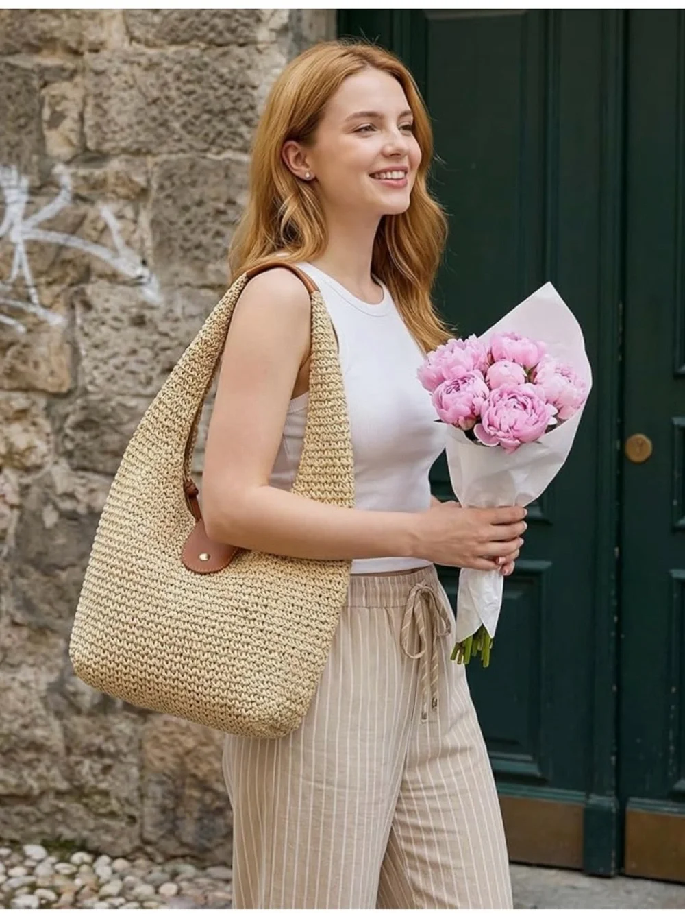 Straw Woven Hobo Shoulder Purse for Women, Medium Summer Beach Raffia Bag